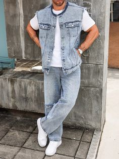 Men's Plus Size Denim Sleeveless Vest Top And Long Pants Set Blue Casual    Plain  Non-Stretch  Men Plus Size Clothing, size features are:Bust: ,Length: ,Sleeve Length: Denim Outfit Men Casual Styles, Denim Outfit Men, Denim Trench Coat, Plus Size Denim, Men Plus Size, Denim Jacket Men, Mens Plus Size, Sleeveless Vest, Vintage Streetwear