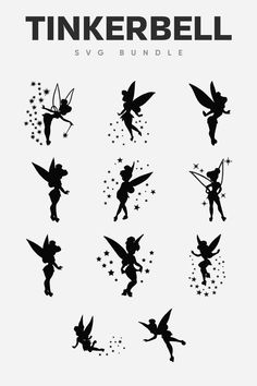 the silhouettes of tinkerbell are shown in black and white, as well as stars