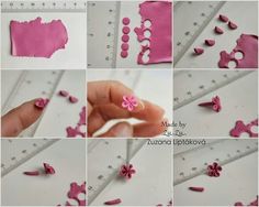 the process of making flowers out of fondant is shown in pink and white colors