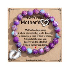 a mother's day card with a purple bracelet and heart charm on the front