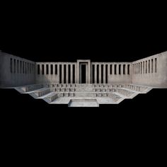 an architectural model of a building with columns and steps in the center, against a black background