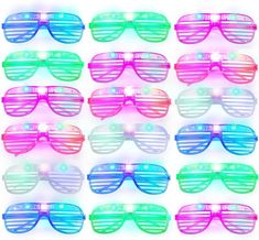 12 pairs of neon colored sunglasses with stars on them