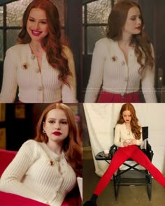 a woman sitting in a chair wearing red pants and a white sweater with buttons on it