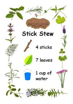 a poster with the words mud pie written in different languages and pictures of flowers, leaves, and water