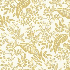 a yellow and white floral wallpaper with leaves