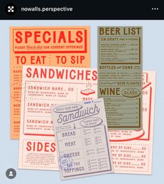 several different types of food and drink menus on a blue background with the words specials to eat to sip sandwiches side by side