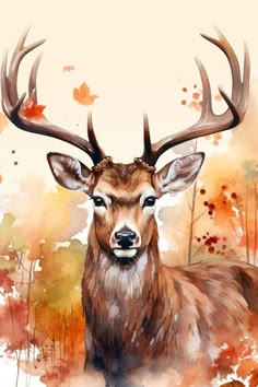 a watercolor painting of a deer with antlers on it's head and trees in the background