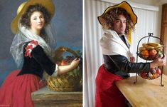 two pictures, one with a woman holding a basket and the other has fruit in it