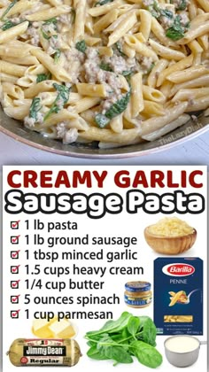 the recipe for creamy garlic sausage pasta is shown in an advertisement with instructions to make it