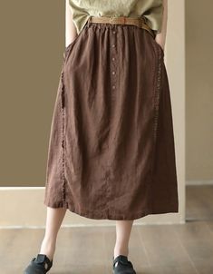 Women's Buckles Summer Linen Skirt — Obiono Non-stretch Brown Cotton Skirt, Brown Cotton Summer Skirt, Summer Cotton Brown Skirt, Casual Brown Solid Color Skirt, Brown Cotton Knee-length Skirt, Brown Solid Color Long Skirt, Non-stretch Brown Skirt With Pockets, Brown Midi Skirt For Summer, Brown Cotton Long Skirt