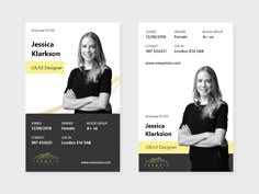 two business card templates with an image of a woman in black and yellow colors