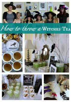 a collage of photos with witches on them and the words how to throw a witches tea party