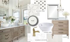 a bathroom is shown with white and gray accents, including an antique sink, vanity, mirror, and chandelier