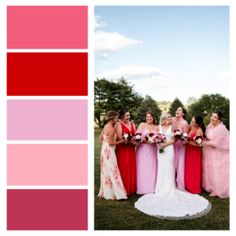 a group of women standing next to each other in front of a red and pink color scheme