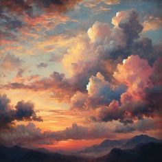 an oil painting of clouds in the sky over mountains and water at sunset or dawn