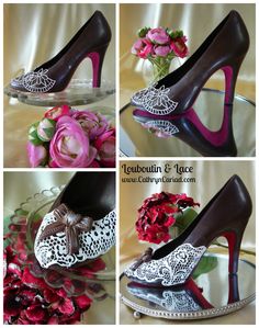 four different pictures of shoes and flowers on a glass plate with the same shoe in it