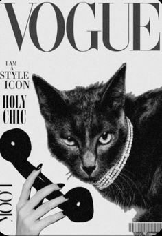 a black and white photo of a cat on the cover of a magazine with a woman's hand holding an object in front of it