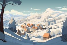 Background Winter Village Snowy Village Illustration, Snow Landscape Concept Art, Snowy Village Art, Snowy Mountains Illustration, Snowy Village Fantasy Art, Winter Village Aesthetic, Winter Village Illustration, Sapin Illustration, Snow Mountain Village