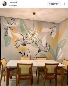 a dining room wall with flowers painted on it