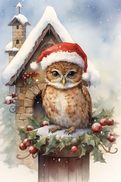 an owl wearing a santa hat sitting on top of a birdhouse