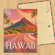 a postcard with an image of a road and palm trees in the background that says hawaii welcome to adventure