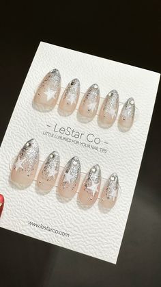 FREE SHIPPING FOR ORDERS OVER $50USD  WORLDWIDE   LeStar Co. press-on nails is reusable and easy to use, give yourself a perfect, non-damaging manicure in seconds for a fraction of the salon cost. Wear them for weeks straight or a few days at a time as you like. KEY FEATURES: - Handmade by our professional nail artist - Flexible and lightweight for comfortable wear - Easy to apply and remove - Long-lasting - Multiple wears - Waterproof Package includes: - 10 nails and 1 Prep kit (nail glue, 24 adhesive tabs (1 sheet), cuticle wooden pusher, mini file, and 2 alcohol wipes ) HOW TO MEASURE SIZES Step 1: Grab some clear sticky tape and place it over your nails. Step 2: Use a marker to trace both sides of your nail.  Step 3: Measure the length of the widest part of your nail and use the sizing Gel Fake Nails, Faux Nails, Alcohol Wipes, Nails Cute, Starting From The Bottom, Nails Gel, Glitter Stars, Nail Glue, Professional Nails