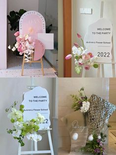 four different pictures with flowers in vases on easel and sign for welcome to the party