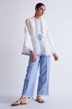 A Line Shirt, Co Ords Outfits, Linen Tops, Cotton Slip, Full Look, Tailored Pants, Blue Ivory, Linen Top, Cut Work