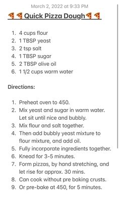 the instructions for how to make quick pizza dough with floured crusts and other ingredients