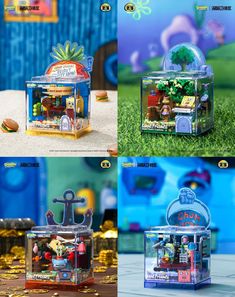 four different images of toys in the same box, each with an image of a pirate ship inside