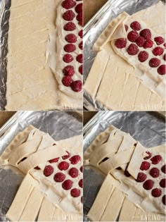 four pictures showing how to make raspberry shortbreads in the shape of pizza