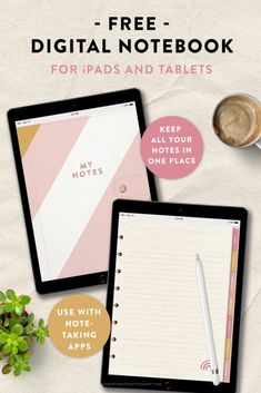 two ipads with notepads and coffee on the table next to each other