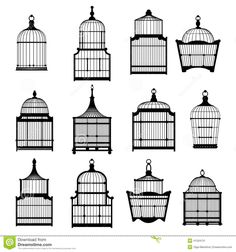 black and white silhouettes of birdcages hanging from the top, on wheels