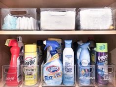 the shelves are filled with different types of cleaning products