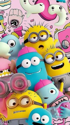 a bunch of cartoon characters are in front of some pink and blue wallpapers