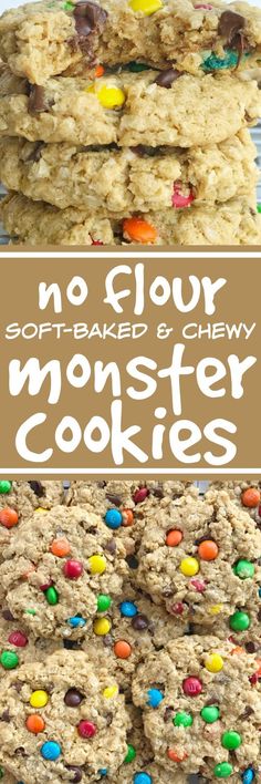 no flour monster cookies are stacked on top of each other