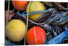 an assortment of different types of fishing nets and buoys, including one with oranges on them