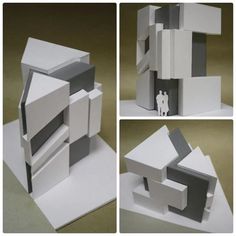 four different views of an architectural model made out of white and grey paper, with one man standing in the middle