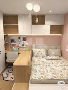 a bedroom with a bed and desk in it