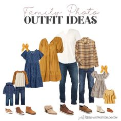 a man standing in front of an assortment of clothes and shoes with the words family photo outfit ideas