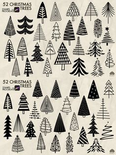 a bunch of different types of christmas trees on a piece of paper with black and white ink