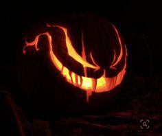 a carved pumpkin with an animal on it's face in the dark at night