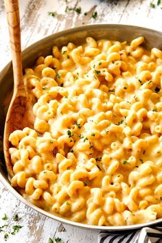 a skillet filled with macaroni and cheese