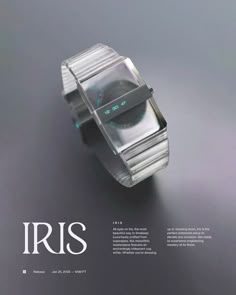 an advertisement with a watch on the front and back of it's face, which reads iris