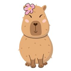 a brown bear with a pink flower on its head