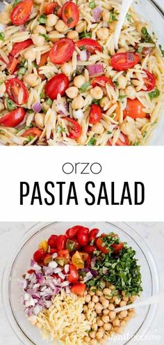 pasta salad with tomatoes, beans and spinach in a glass bowl