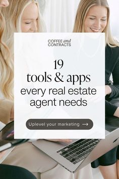 two women working on laptops with text overlay that reads 19 tools & apps every real estate agent needs