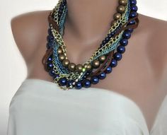 Handmade Chunky Bridal  Cobalt Blue  Glass Pearl  Wedding Necklace Brides Bridesmaids gifts $96.00 Beach Tropical, Crystal Brooch, Wedding Jewellery Necklace