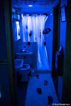 a bathroom with blue light coming in from the shower curtain and rug on the floor