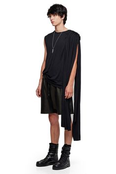 JONNY COTA T-SHIRT WITH SCARF IN BLACK Chic Summer Cape Tops, Draped Menswear, One Shoulder Shirt, Supima Cotton, Classic Silhouette, Sleeveless Shirt, Body Fit, Lifestyle Brands, Male Model